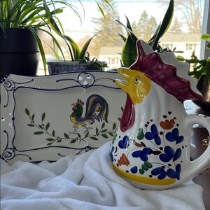 Colorful Rooster Ceramic Pitcher and platter made in Italy